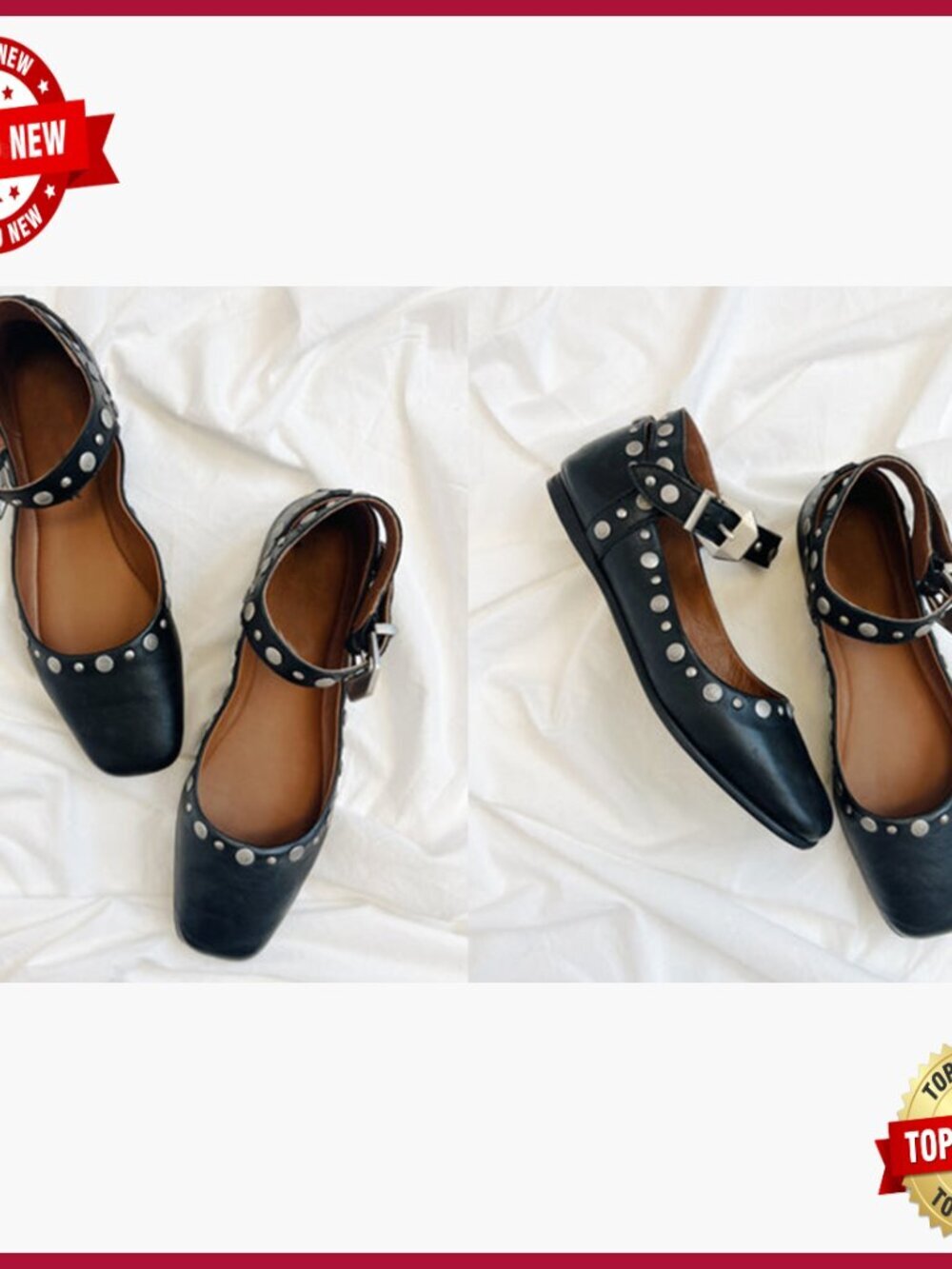 Studded Mary Jane Ballet Flats with Buckle Strap, Square Toe, Faux Leather - Picture 7 of 7